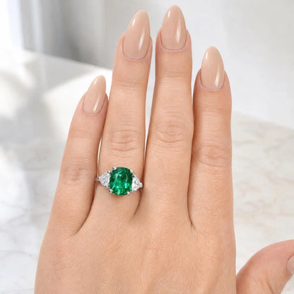 Elongated cushion cut emerald engagement ring with moissanite trillions 14k white gold Unique three stone emerald wedding promise ring #5514