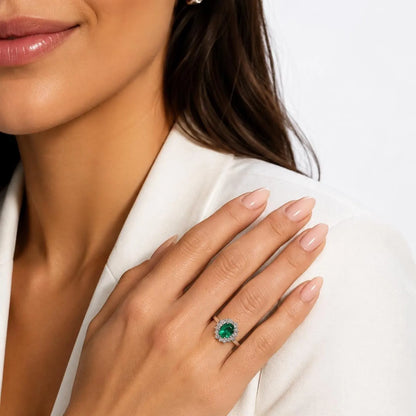 Emerald Halo Ring 14k White Gold, Vintage Emerald Engagement Ring, Oval Halo Ring With Emerald, May Birthstone Ring, Emerald Jewelry  #6719