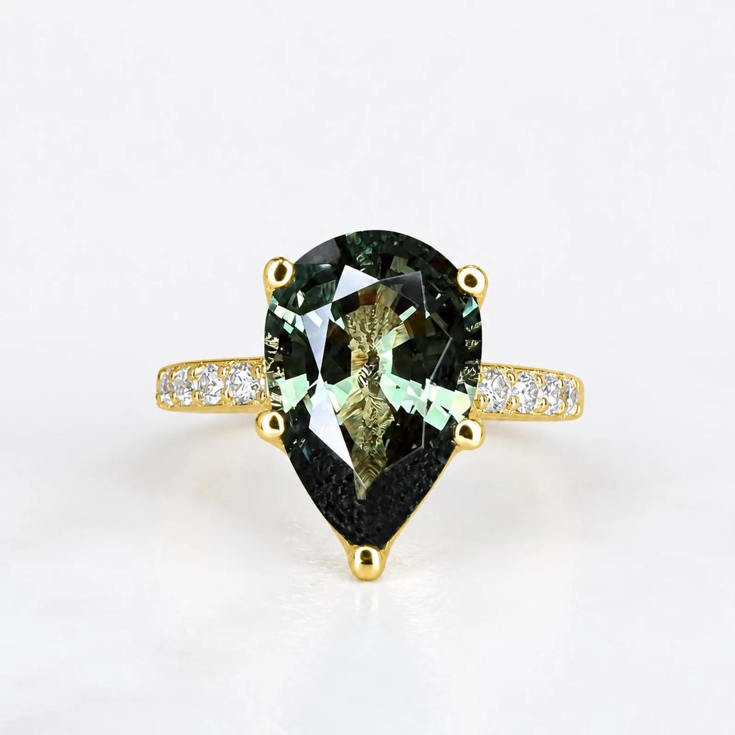 Green Sapphire Pear Shaped Engagement Ring 14k Gold Ring , Pear Shape Green Sapphire Solitaire Engagement Rings , Green Sapphire Ring #7257