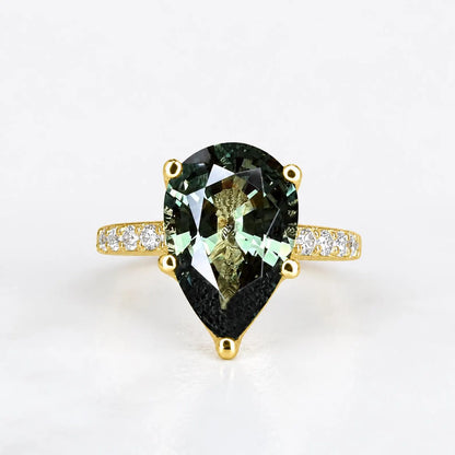 Green Sapphire Pear Shaped Engagement Ring 14k Gold Ring , Pear Shape Green Sapphire Solitaire Engagement Rings , Green Sapphire Ring #7257