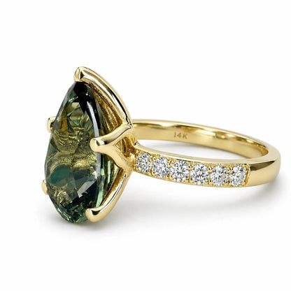 Green Sapphire Pear Shaped Engagement Ring 14k Gold Ring , Pear Shape Green Sapphire Solitaire Engagement Rings , Green Sapphire Ring #7257
