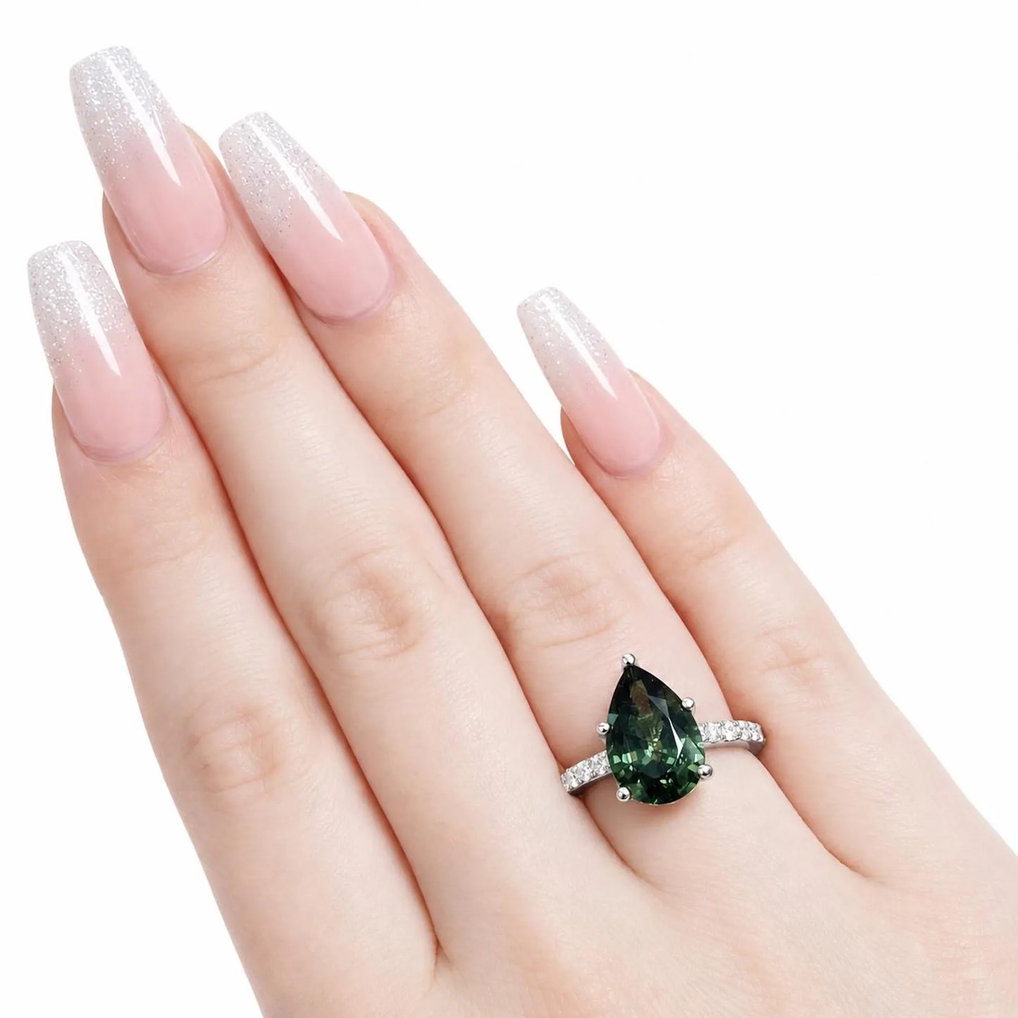 Green Sapphire Pear Shaped Engagement Ring 14k Gold Ring , Pear Shape Green Sapphire Solitaire Engagement Rings , Green Sapphire Ring #7257