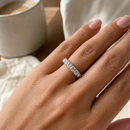 Moissanite Engagement Band / Asscher Cut Wedding Band / Six Stone Ladies Ring / Matching Band / 14k White Gold / #6208