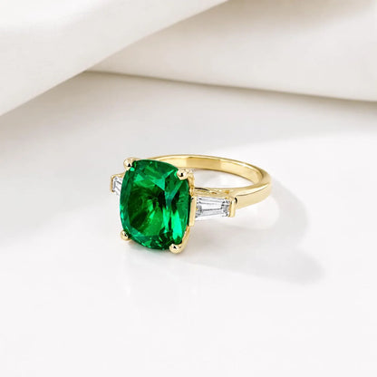 Emerald green cushion cut engagement ring, yellow gold unique elongate green emerald ring, three stone ring emerald and baguette ring  #6727
