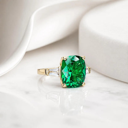 Emerald green cushion cut engagement ring, yellow gold unique elongate green emerald ring, three stone ring emerald and baguette ring  #6727