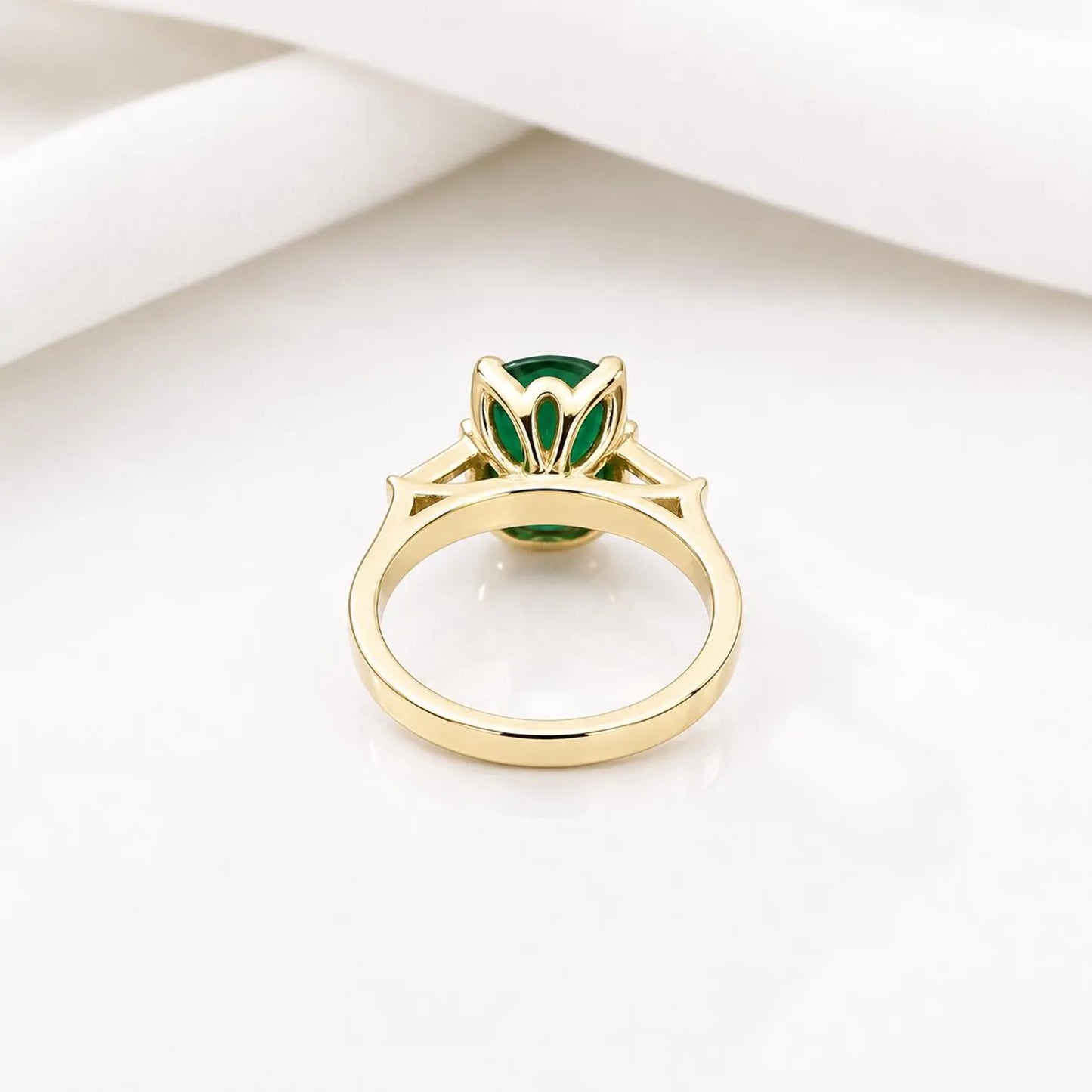 Emerald green cushion cut engagement ring, yellow gold unique elongate green emerald ring, three stone ring emerald and baguette ring  #6727