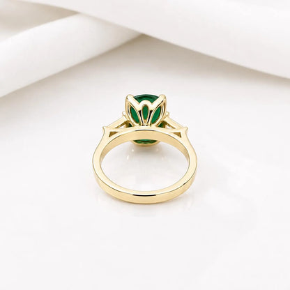 Emerald green cushion cut engagement ring, yellow gold unique elongate green emerald ring, three stone ring emerald and baguette ring  #6727
