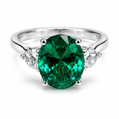 Emerald Engagement Ring , Oval Emerald Ring, Oval Cut Emerald Engagement Ring, Round White Sapphire Ring, 14k white gold #5422