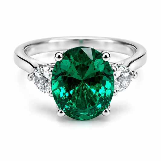 Emerald Engagement Ring , Oval Emerald Ring, Oval Cut Emerald Engagement Ring, Round White Sapphire Ring, 14k white gold #5422