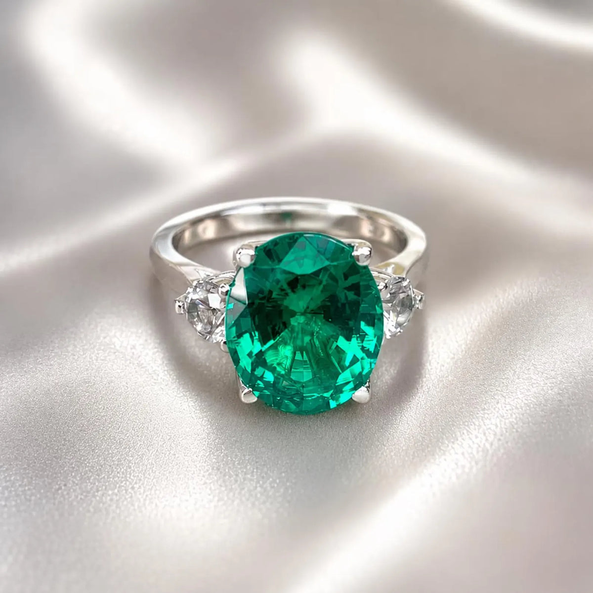 Emerald Engagement Ring , Oval Emerald Ring, Oval Cut Emerald Engagement Ring, Round White Sapphire Ring, 14k white gold #5422