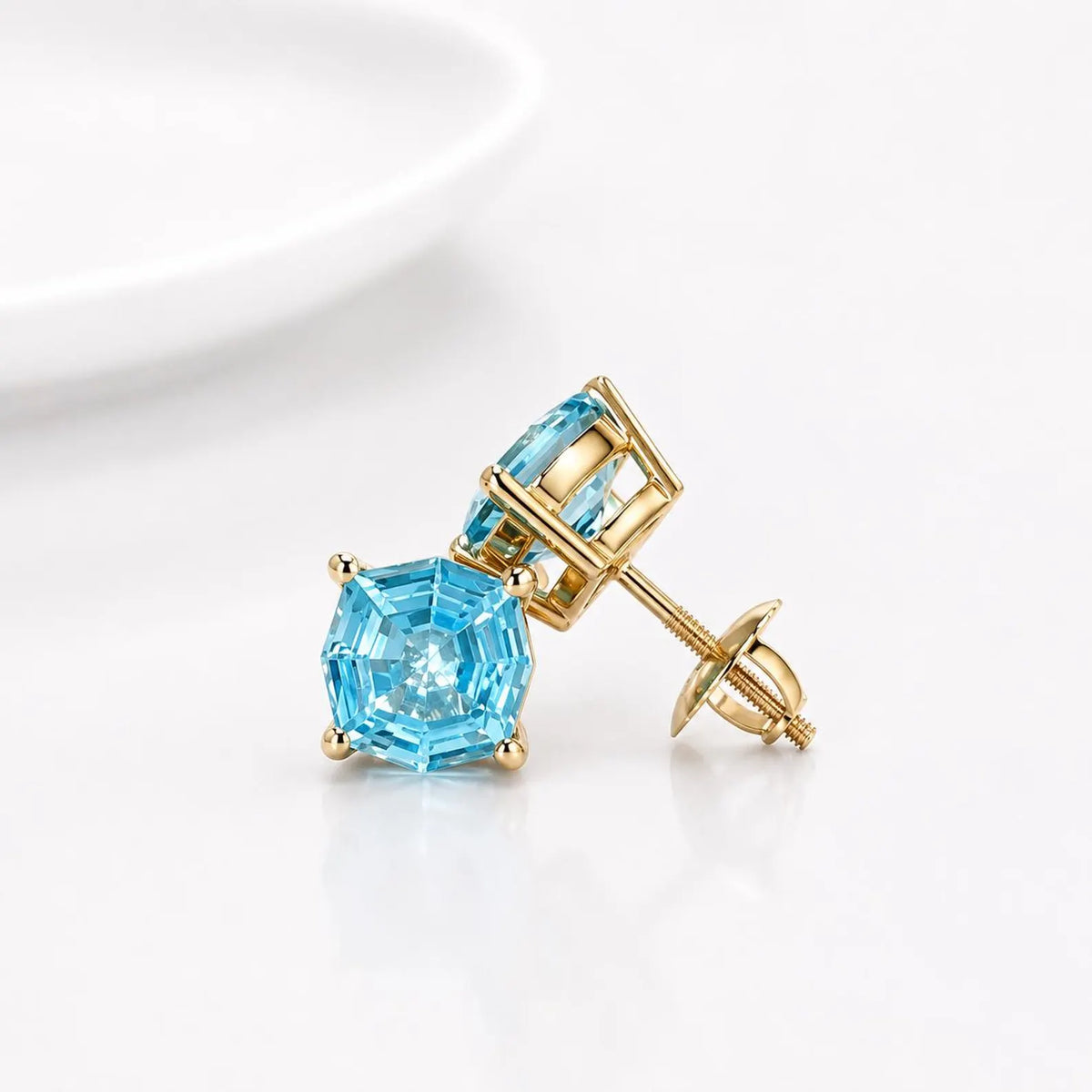 Blue Stone Stud Earrings, Web Cut Stud Earrings,  Neon Blue Paraiba Earrings, Octagon Earrings, 14k White Gold Studs