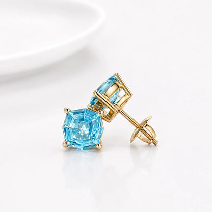 Blue Stone Stud Earrings, Web Cut Stud Earrings,  Neon Blue Paraiba Earrings, Octagon Earrings, 14k White Gold Studs