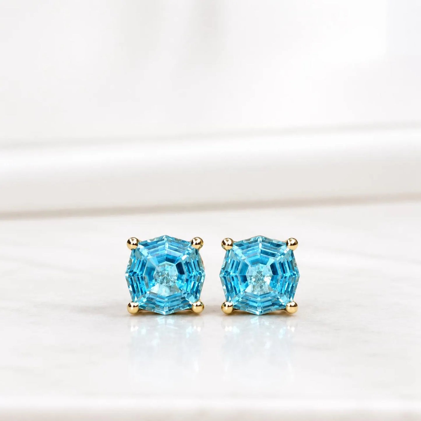 Blue Stone Stud Earrings, Web Cut Stud Earrings,  Neon Blue Paraiba Earrings, Octagon Earrings, 14k White Gold Studs