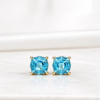 Blue Stone Stud Earrings, Web Cut Stud Earrings,  Neon Blue Paraiba Earrings, Octagon Earrings, 14k White Gold Studs