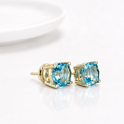 Blue Stone Stud Earrings, Web Cut Stud Earrings,  Neon Blue Paraiba Earrings, Octagon Earrings, 14k White Gold Studs