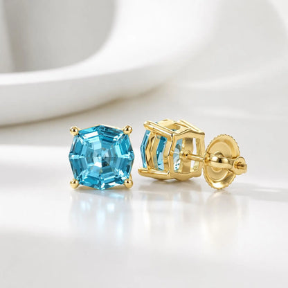 Blue Stone Stud Earrings, Web Cut Stud Earrings,  Neon Blue Paraiba Earrings, Octagon Earrings, 14k White Gold Studs