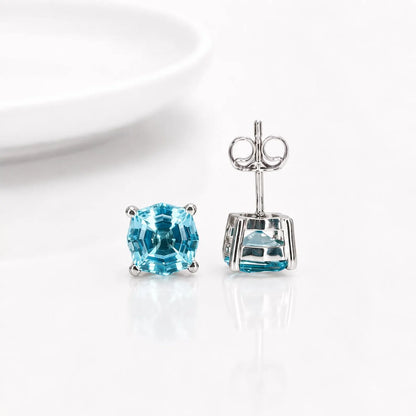 Blue Stone Stud Earrings, Web Cut Stud Earrings,  Neon Blue Paraiba Earrings, Octagon Earrings, 14k White Gold Studs
