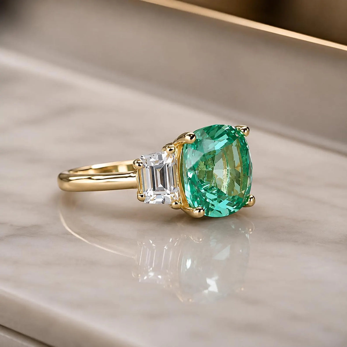 Paraiba Tourmaline Ring, Moissanite Trapezoid Engagement Ring, 14K Gold, Paraiba Tourmaline, Unique Engagement Ring, Three Stone Ring, #6256