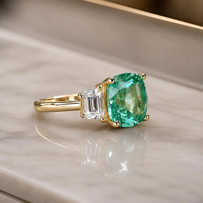 Paraiba Tourmaline Ring, Moissanite Trapezoid Engagement Ring, 14K Gold, Paraiba Tourmaline, Unique Engagement Ring, Three Stone Ring, #6256