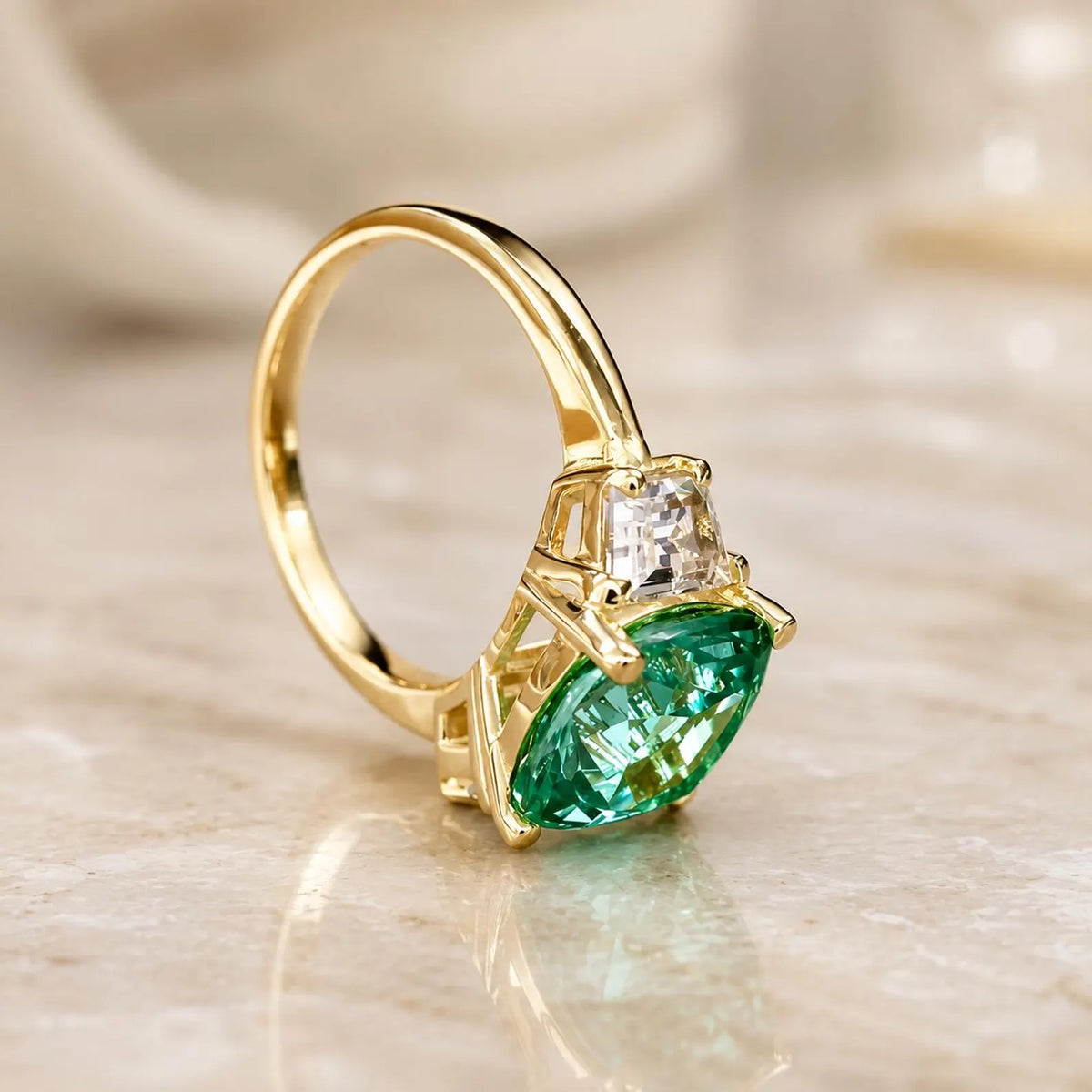 Paraiba Tourmaline Ring, Moissanite Trapezoid Engagement Ring, 14K Gold, Paraiba Tourmaline, Unique Engagement Ring, Three Stone Ring, #6256