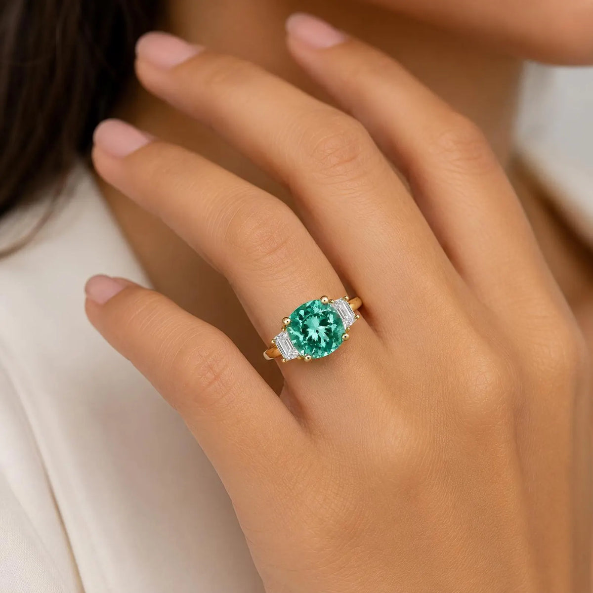Paraiba Tourmaline Ring, Moissanite Trapezoid Engagement Ring, 14K Gold, Paraiba Tourmaline, Unique Engagement Ring, Three Stone Ring, #6256