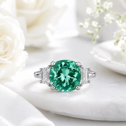 Paraiba Tourmaline Ring, Moissanite Trapezoid Engagement Ring, 14K Gold, Paraiba Tourmaline, Unique Engagement Ring, Three Stone Ring, #6256