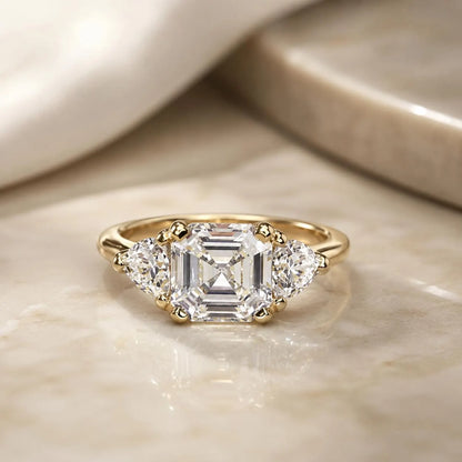 Asscher Cut Moissanite Engagement Ring 14K White Gold Ladies Three Stone Engagement Ring Asscher Shaped Wedding Bridal Promise Ring
