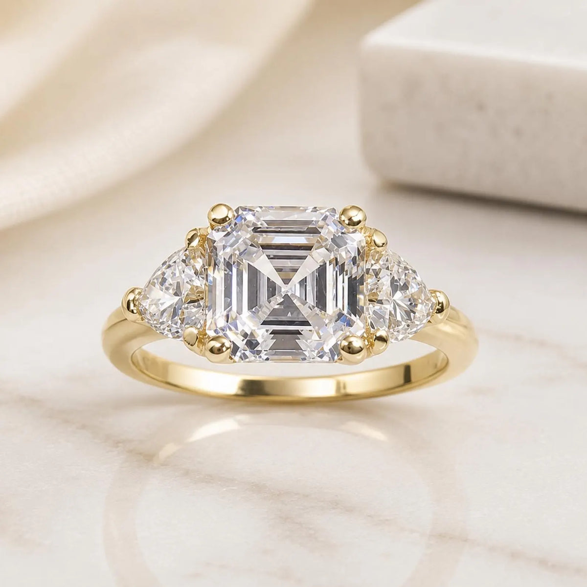 Asscher Cut Moissanite Engagement Ring 14K White Gold Ladies Three Stone Engagement Ring Asscher Shaped Wedding Bridal Promise Ring
