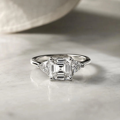 Asscher Cut Moissanite Engagement Ring 14K White Gold Ladies Three Stone Engagement Ring Asscher Shaped Wedding Bridal Promise Ring