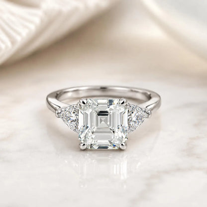 Asscher Cut Moissanite Engagement Ring 14K White Gold Ladies Three Stone Engagement Ring Asscher Shaped Wedding Bridal Promise Ring