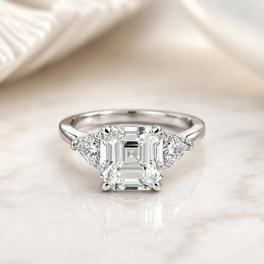 Asscher Cut Moissanite Engagement Ring 14K White Gold Ladies Three Stone Engagement Ring Asscher Shaped Wedding Bridal Promise Ring