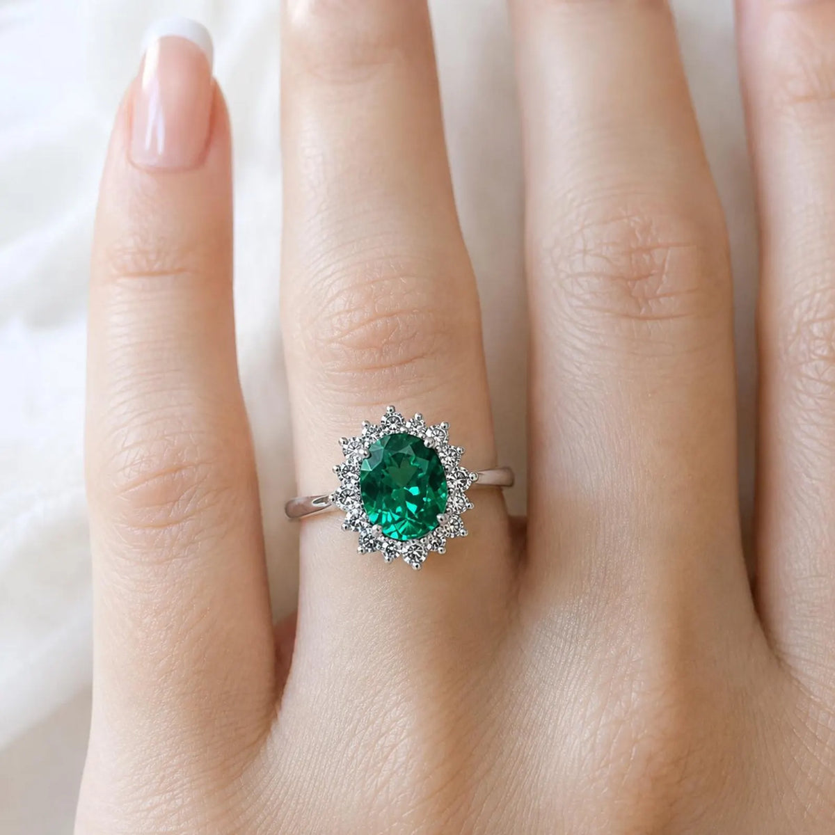 Emerald Halo Ring 14k White Gold, Vintage Emerald Engagement Ring, Oval Halo Ring With Emerald, May Birthstone Ring, Emerald Jewelry  #6719