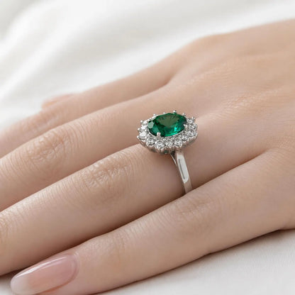 Emerald Halo Ring 14k White Gold, Vintage Emerald Engagement Ring, Oval Halo Ring With Emerald, May Birthstone Ring, Emerald Jewelry  #6719