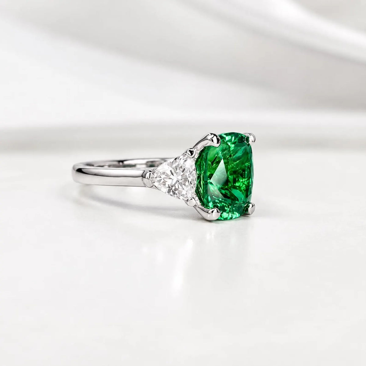 Elongated cushion cut emerald engagement ring with moissanite trillions 14k white gold Unique three stone emerald wedding promise ring #5514
