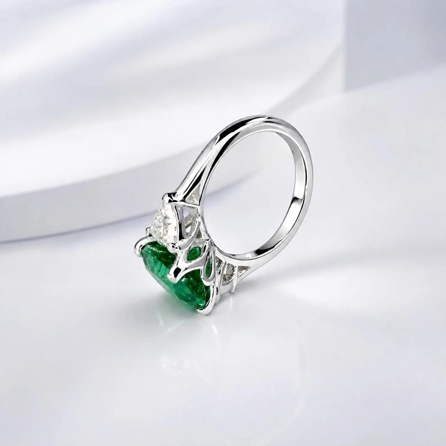 Elongated cushion cut emerald engagement ring with moissanite trillions 14k white gold Unique three stone emerald wedding promise ring #5514