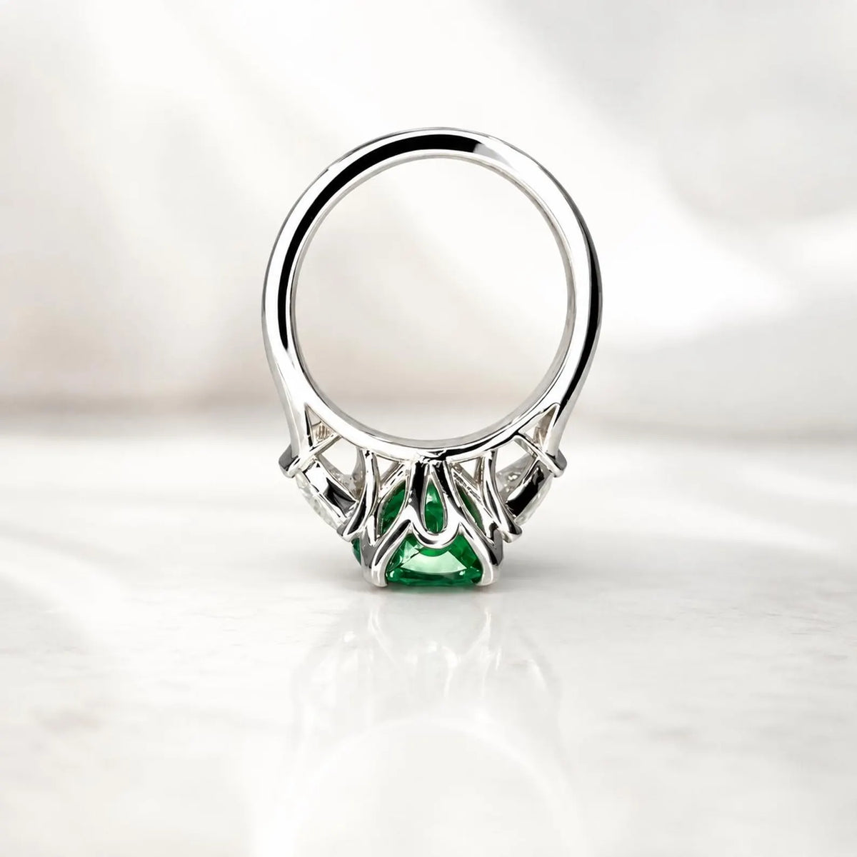 Elongated cushion cut emerald engagement ring with moissanite trillions 14k white gold Unique three stone emerald wedding promise ring #5514