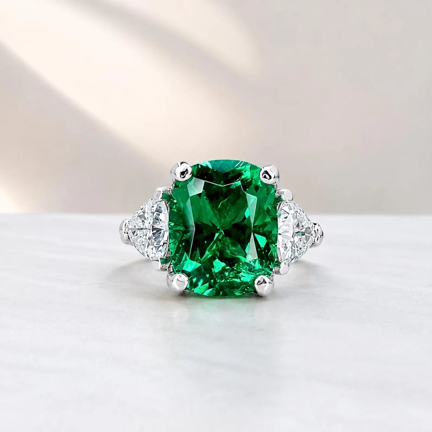 Elongated cushion cut emerald engagement ring with moissanite trillions 14k white gold Unique three stone emerald wedding promise ring #5514