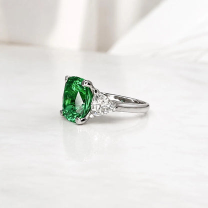 Elongated cushion cut emerald engagement ring with moissanite trillions 14k white gold Unique three stone emerald wedding promise ring #5514
