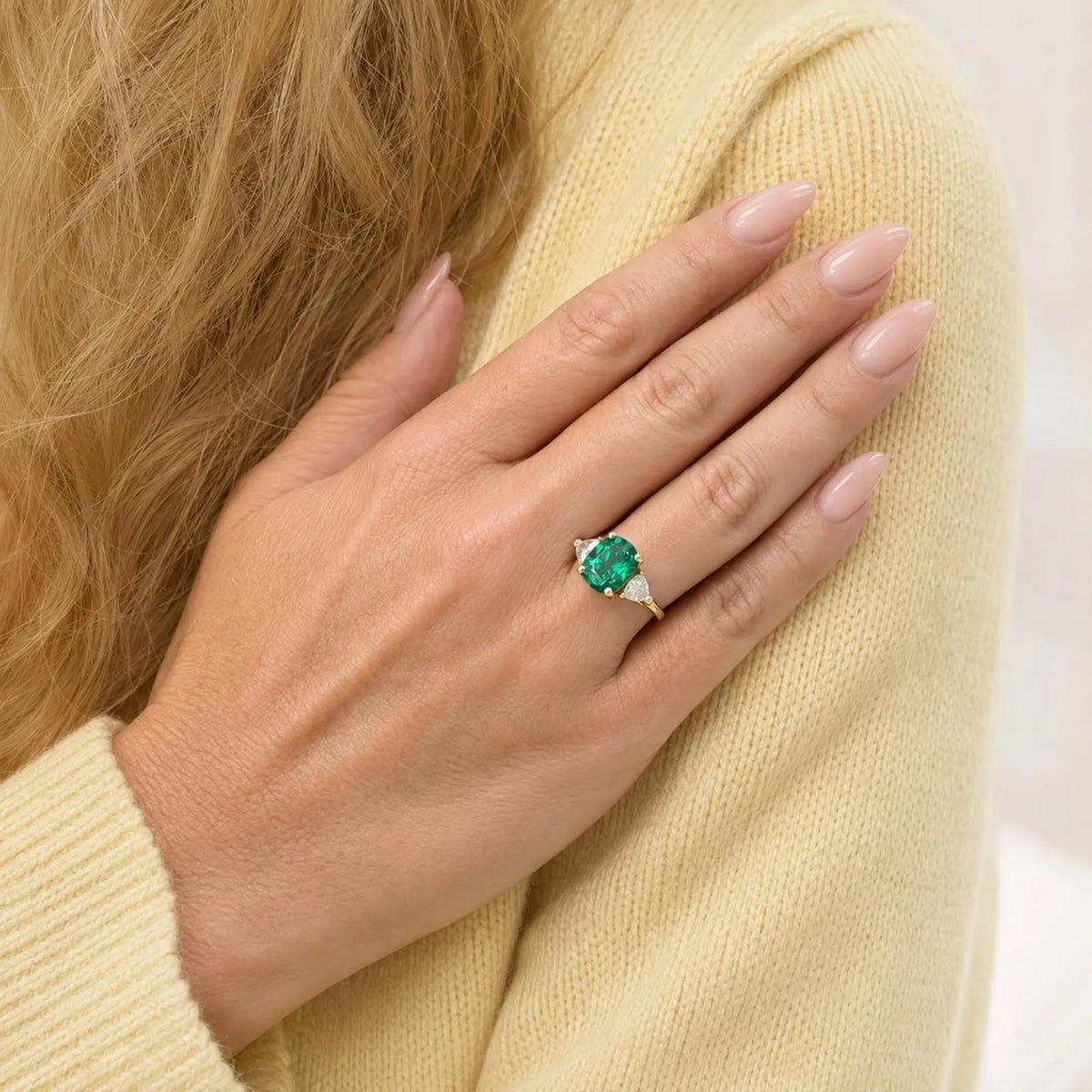 Elongated cushion cut emerald engagement ring with moissanite trillions 14k white gold Unique three stone emerald wedding promise ring #5514
