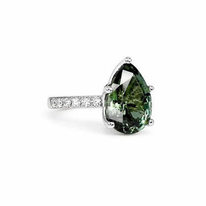 Green Sapphire Pear Shaped Engagement Ring 14k Gold Ring , Pear Shape Green Sapphire Solitaire Engagement Rings , Green Sapphire Ring #7257