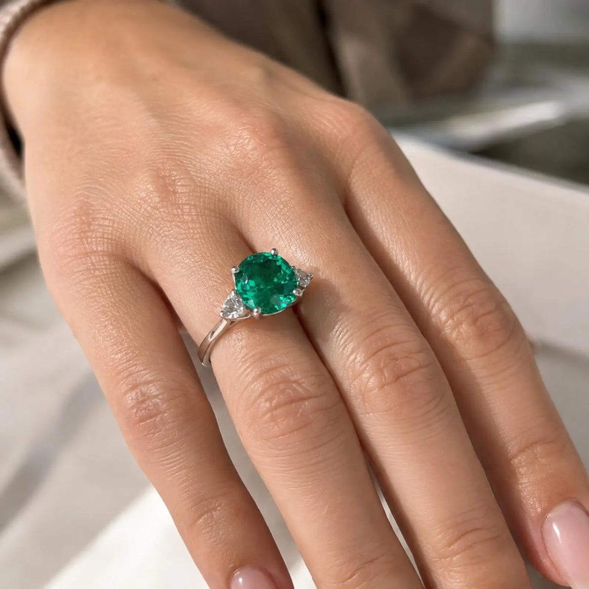 Emerald Engagement Ring , Oval Emerald Ring, Oval Cut Emerald Engagement Ring, Round White Sapphire Ring, 14k white gold #5422