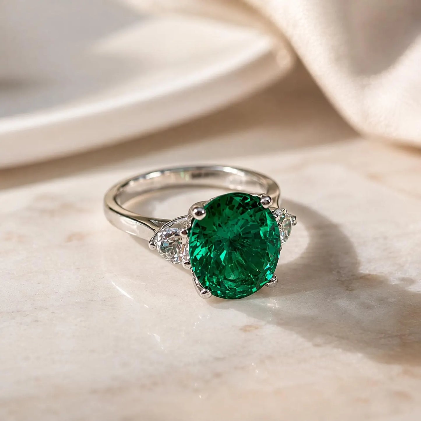 Emerald Engagement Ring , Oval Emerald Ring, Oval Cut Emerald Engagement Ring, Round White Sapphire Ring, 14k white gold #5422