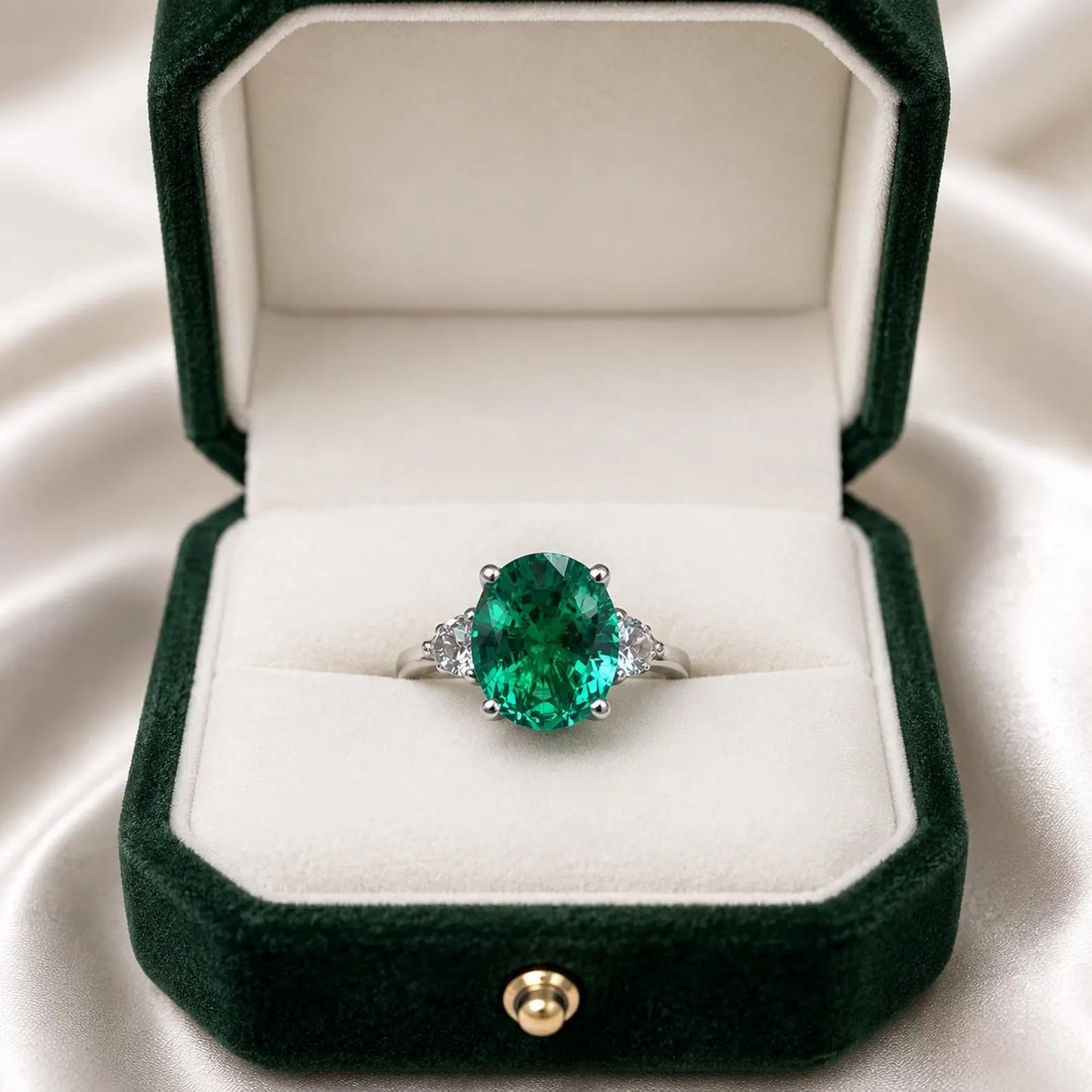 Emerald Engagement Ring , Oval Emerald Ring, Oval Cut Emerald Engagement Ring, Round White Sapphire Ring, 14k white gold #5422
