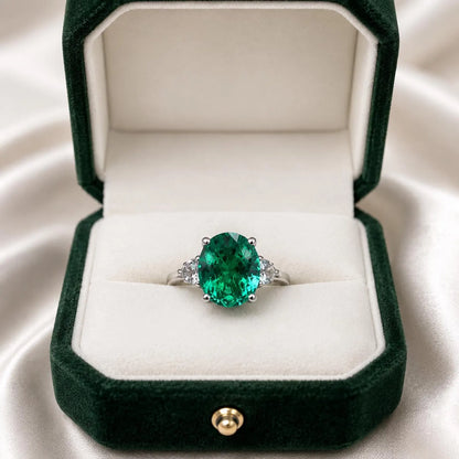 Emerald Engagement Ring , Oval Emerald Ring, Oval Cut Emerald Engagement Ring, Round White Sapphire Ring, 14k white gold #5422