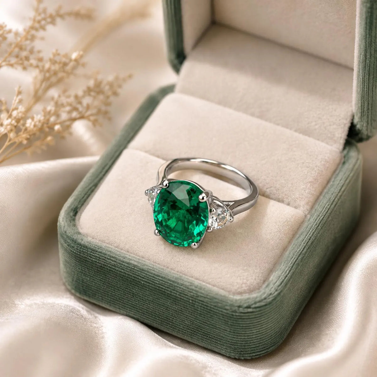 Emerald Engagement Ring , Oval Emerald Ring, Oval Cut Emerald Engagement Ring, Round White Sapphire Ring, 14k white gold #5422