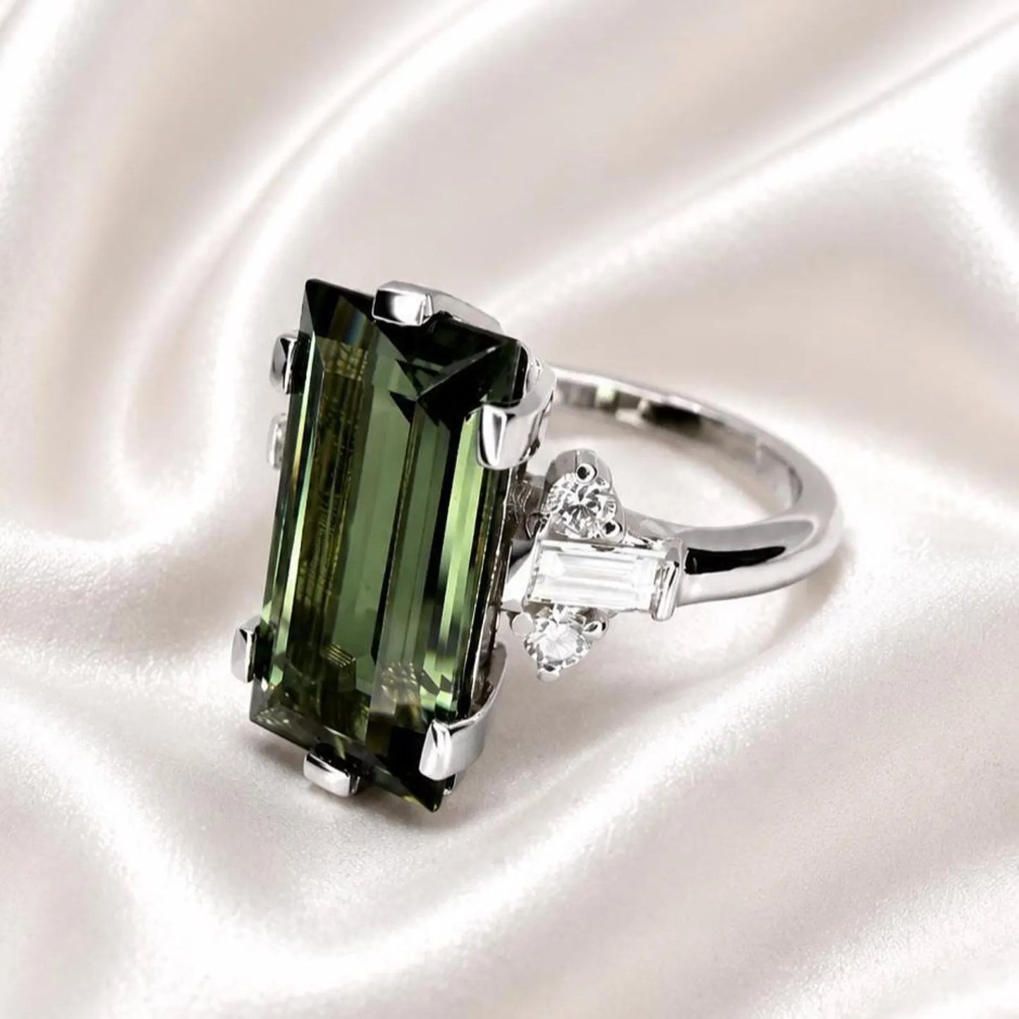 5.50 Carats Elongated Emerald Cut Olive Green Sapphire Engagement Ring 14K Gold, Birthstone Ladies Ring, Blue Sapphire, Ruby Emerald #9011