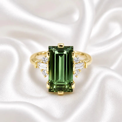 5.50 Carats Elongated Emerald Cut Olive Green Sapphire Engagement Ring 14K Gold, Birthstone Ladies Ring, Blue Sapphire, Ruby Emerald #9011