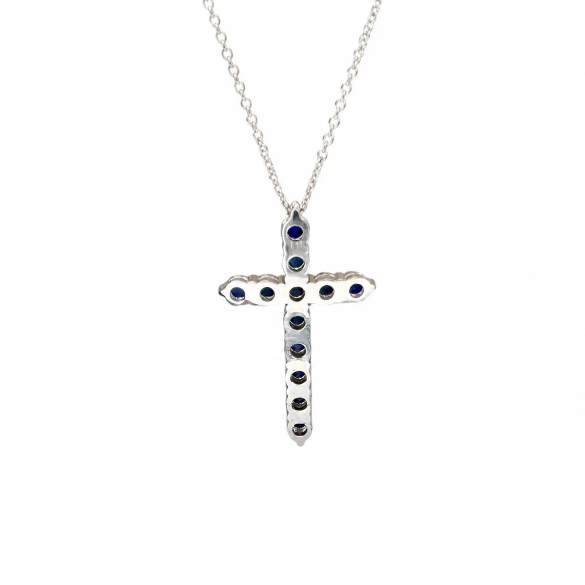 Cross Necklace / Round Blue sapphire Necklace / Pendants / 14k White Gold