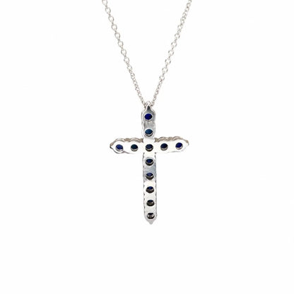Cross Necklace / Round Blue sapphire Necklace / Pendants / 14k White Gold