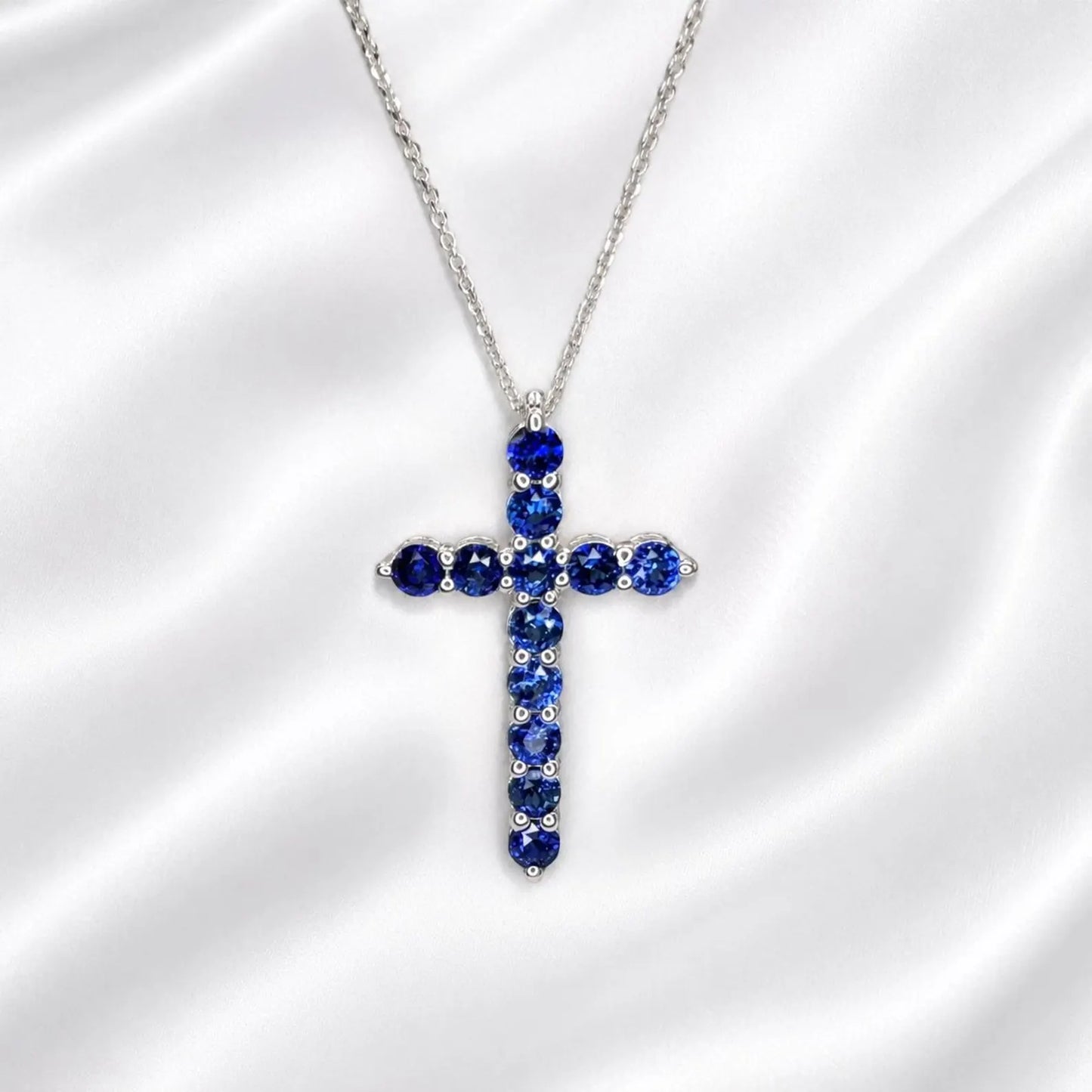 Cross Necklace / Round Blue sapphire Necklace / Pendants / 14k White Gold